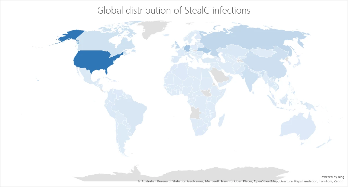 The image depicts a world map illustrating the geographical distribution of StealC infections.