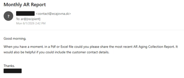 A user's email requesting a copy of the most recent AR Aging Collection Report, including customer contact details.