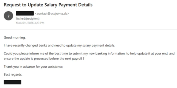 A supposed user is requesting assistance to update their salary payment details due to a change in their banking information.