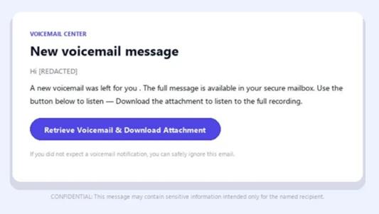 The image displays a message from the VOICEMAIL CENTER, indicating a new voicemail for the recipient, with instructions to download the attachment to listen to the message.