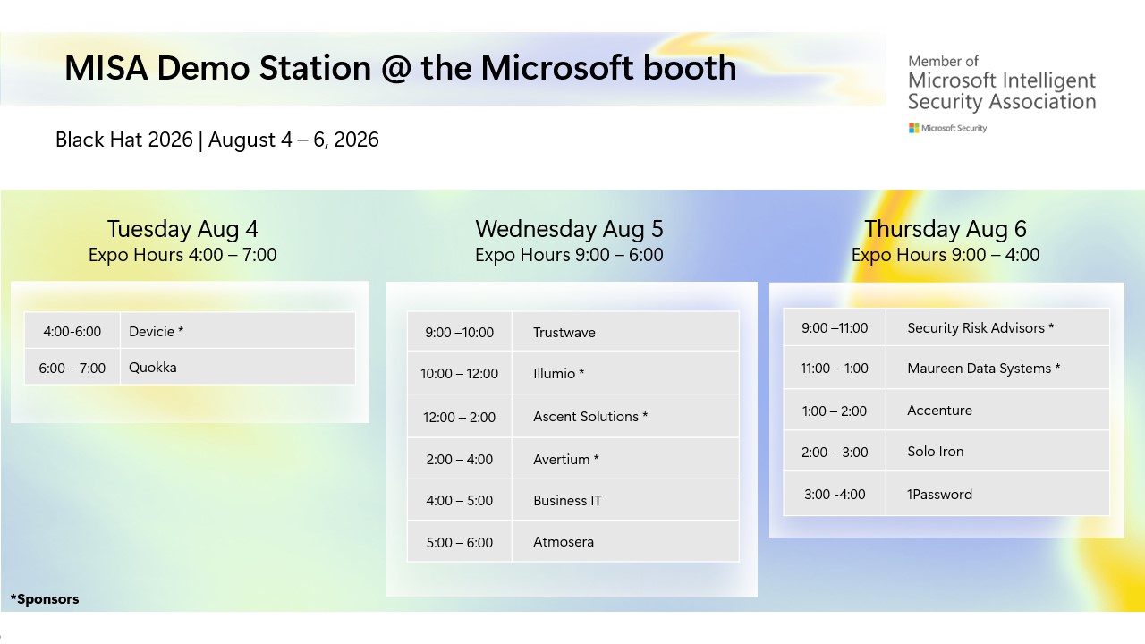 A decorative image announcing the demo schedule at the Microsoft booth at Black Hat USA 2026.