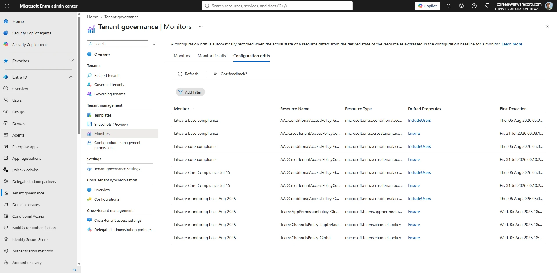 The image displays the Microsoft Entra admin center dashboard, showcasing various sections such as Tenant Governance, Monitors, and Configuration Drifts. It includes a list of resources, services, and documents, with tabs for Security Copilot, P Search, and related tenants. The dashboard also features a configuration drift section, which records any discrepancies between the actual state of a resource and its desired state.