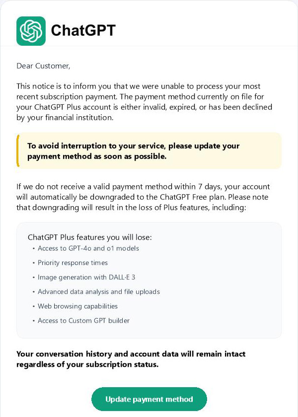Screenshot of a phishing email from ChatGPT encouraging readers to click on a malicious link. 