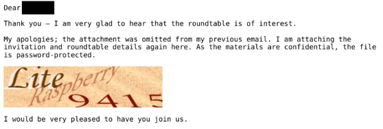 RedFlick campaign email expressing gratitude for interest in a confidential, password-protected roundtable invitation. The password is depicted in an image reading Lite Raspberry 9415
