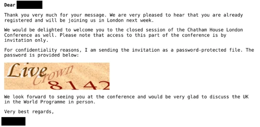 RedFlick campaign email using a formal invitation lure for registration to a confidential, password-protected session of the Chatham House London Conference, inviting the recipient to discuss the UK in the World Programme. Password is depicted in the image as Live Crown 8142
