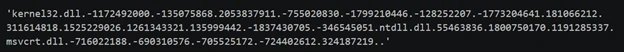 A list of hexadecimal numbers depicting a list of Windows DLL names and Windows API hash values.