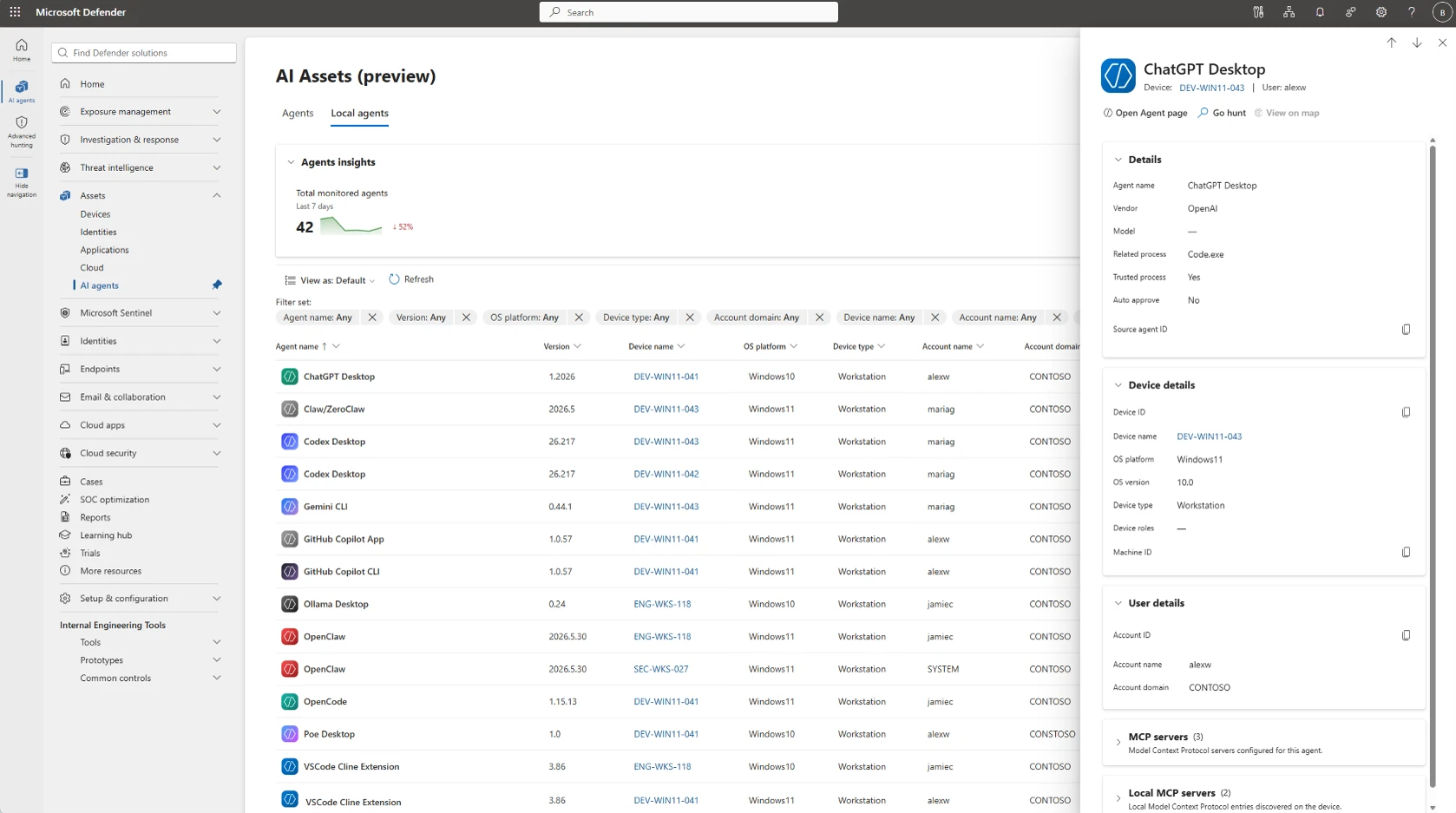 Screenshot showing the local AI agents inventory in the Microsoft Defender portal with discovered agents listed.