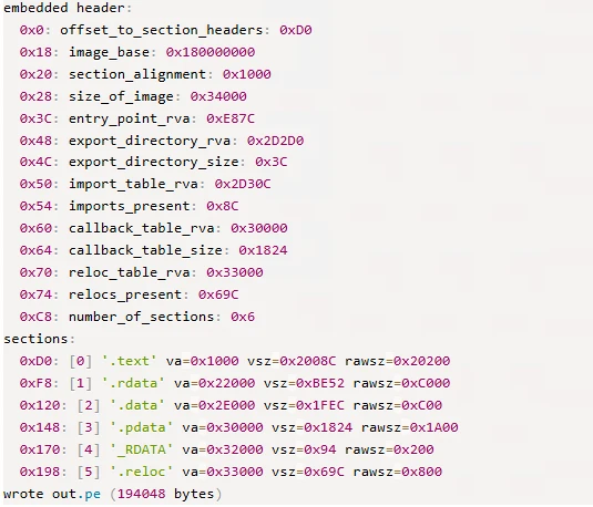 Code depicting various metadata and section headers, including offset, base addresses, size, and various attributes for different sections such as '.text', '.rdata', '.data', and '.reloc'.