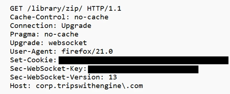 An HTTP request for a ZIP file in a web browser, specifying various cache control and connection settings.