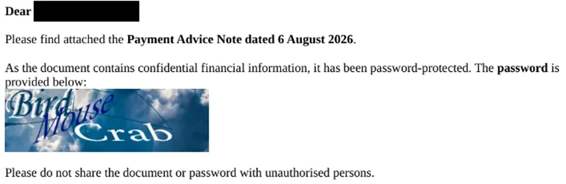 RedFlick campaign email directing recipient to open the payment notice attachment and use the provided password depicted in the image as Bird Mouse Crab