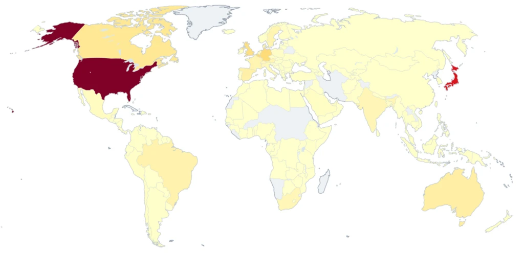 Map showing the countries affected by Storm-3119 and Storm-2990-related activity, with the United States and Japan being the most affected.
