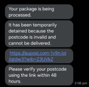 Screenshot of SMS phishing impersonating Australia Post