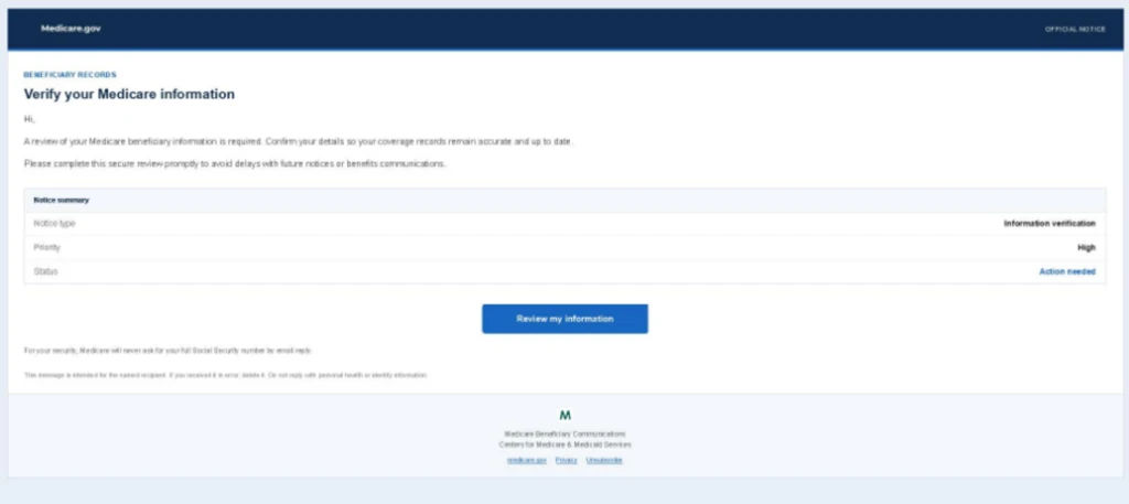 Screenshot of phishing email impersonating Medicare