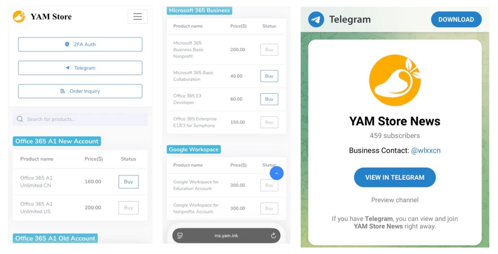 Screenshot of YAM Store interface and Telegram