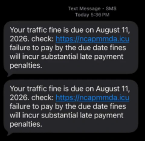 Screenshot of SMS phishing impersonating traffic authorities in the Philippines