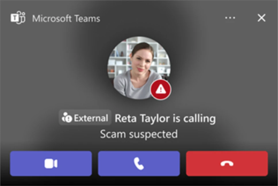 Microsoft Teams call interface showing an external caller with “External” and “Scam suspected” warnings, illustrating visible signals of a support-impersonation attempt.