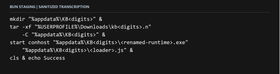 Sanitized command showing a renamed Bun runtime launched from an update-themed, user-writable staging directory to execute an attacker-controlled script after remote access.