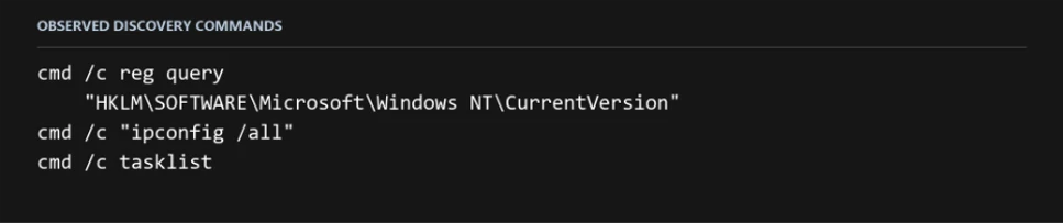 Sanitized command output showing Windows version, network-configuration, and running-process discovery initiated by a staged runtime after an unauthorized remote session.