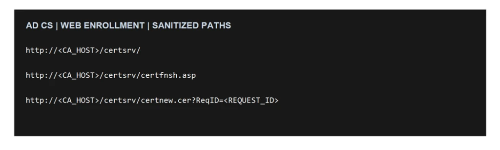 Sanitized view of AD CS Web Enrollment activity involving certificate submission and retrieval through /certsrv, used during ESC8 certificate issuance for a relayed domain-controller identity.