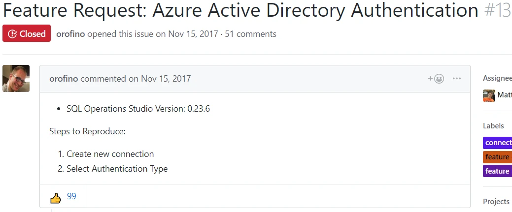 Screenshot of Feature Request for Azure Active Directory Authentication