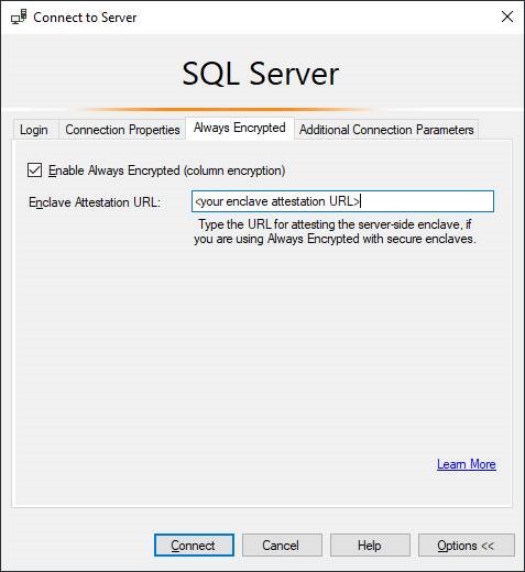 Always Encrypted with Secure Enclaves Connection Window.
