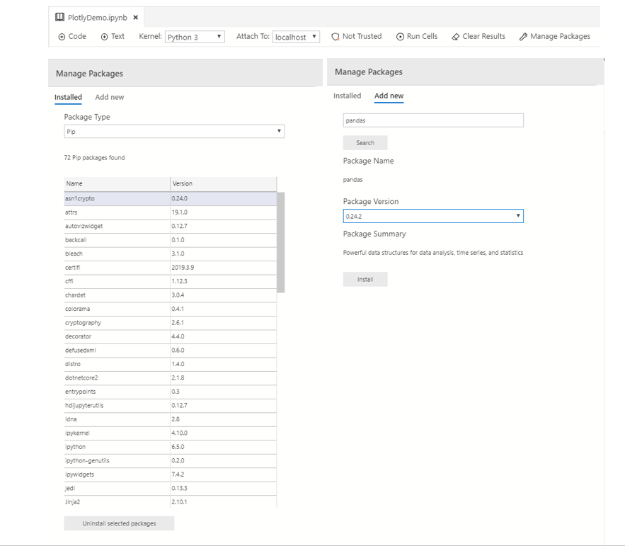 Azure Data Studio Python Package Management Dialog.