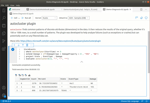 Pattern detection in Storm Events data using autocluster plugin in Kusto notebook in Azure Data Studio
