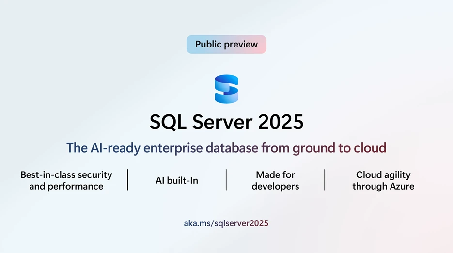 Overview of SQL Server 2025 key innovations including best-in-class security and performance; AI built-in; Made for developers; and Cloud agility through Azure