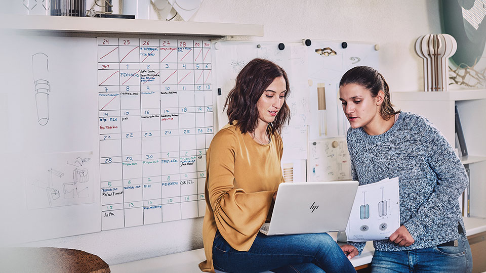 Two women consult data on a laptop screen