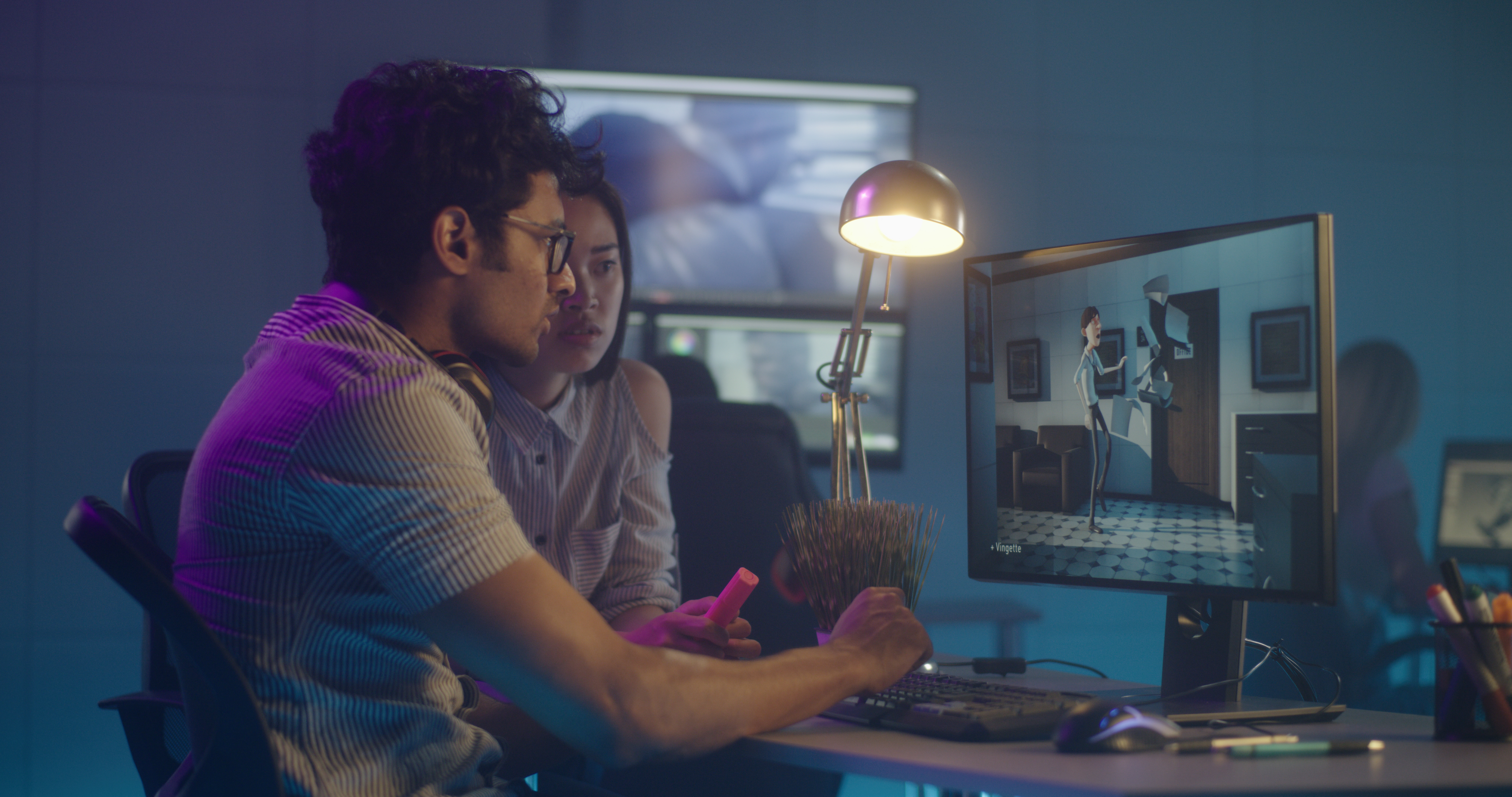 Linum featured image for Microsoft for Startups blog post titled "Unlocking visual storytelling with AI" of a medium shot of two artist discussing over animation