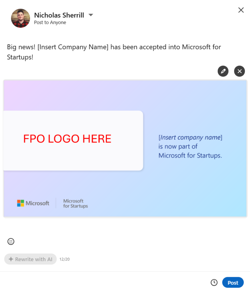 Social media post showing a Start up promoting its affiliation with Microsoft for Startups