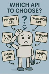 A frowning robot wonders "Which API to choose?" It considers APIs for payments, translation, auth, messaging, email, and maps and seems confused.