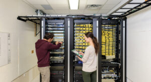 a group of people standing in a room