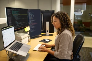De vraies personnes, de vrais bureaux. Développeuse noire travaillant dans un bureau d'entreprise. Travail ciblé. Elle a personnalisé son espace de travail avec une configuration multi-moniteur.