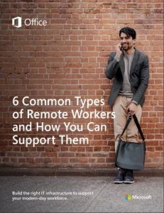 Une image avec un homme avec un cellulaire et l'énoncé : 6 types courants de télétravailleurs  en anglais.