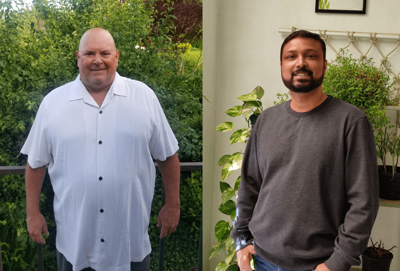 LaValley stands in front of some greenery outside and Thomas stands in front of plants inside his home.
