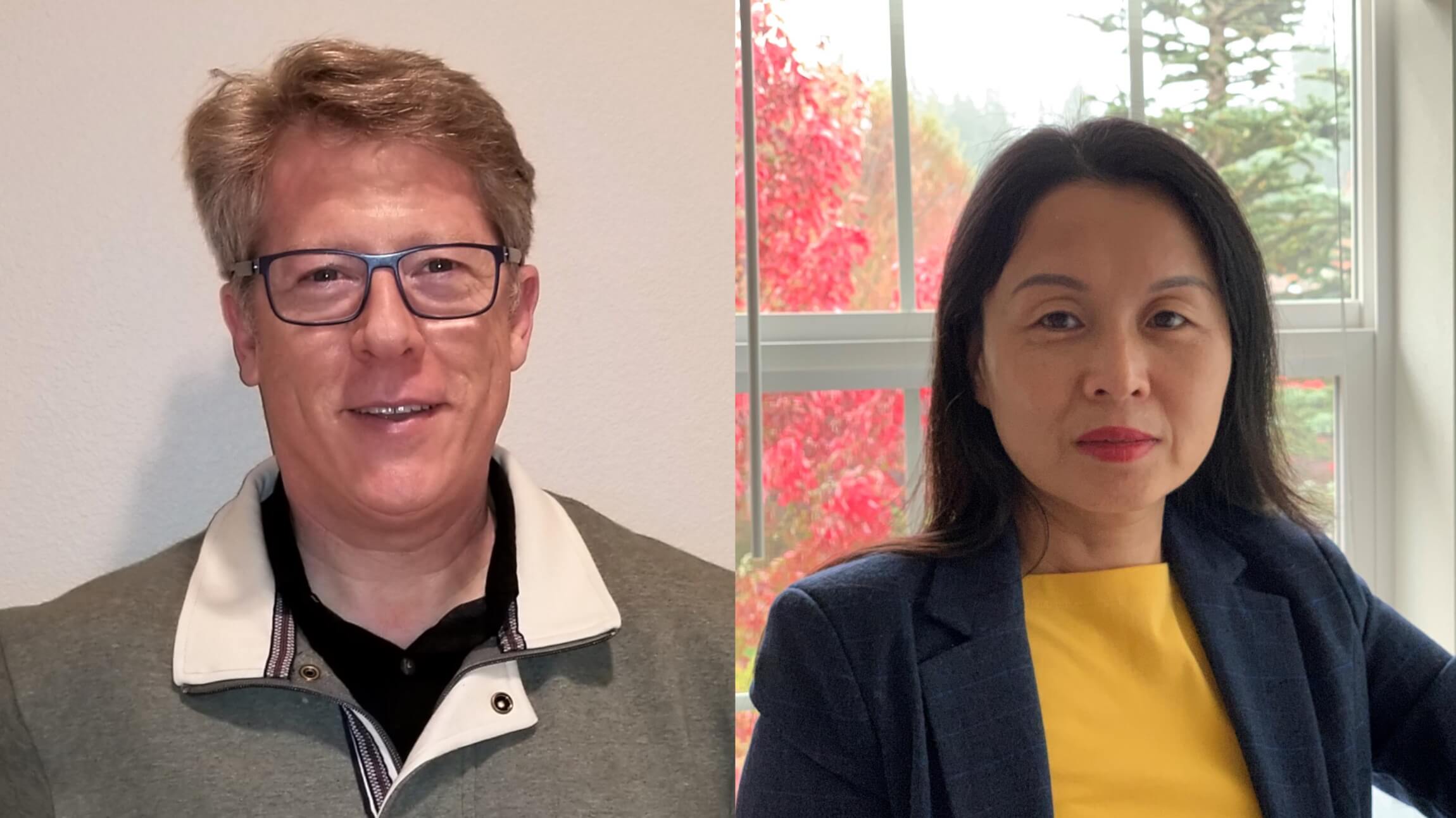 Godolphin and Jiao are shown at their home offices in two images lined up next to each other.