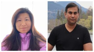 Nguyen and Patra pose for individual photos that have been combined into a collage.