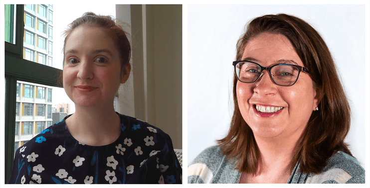 Briggs and Lee pose for corporate photos that have been joined together in one image.