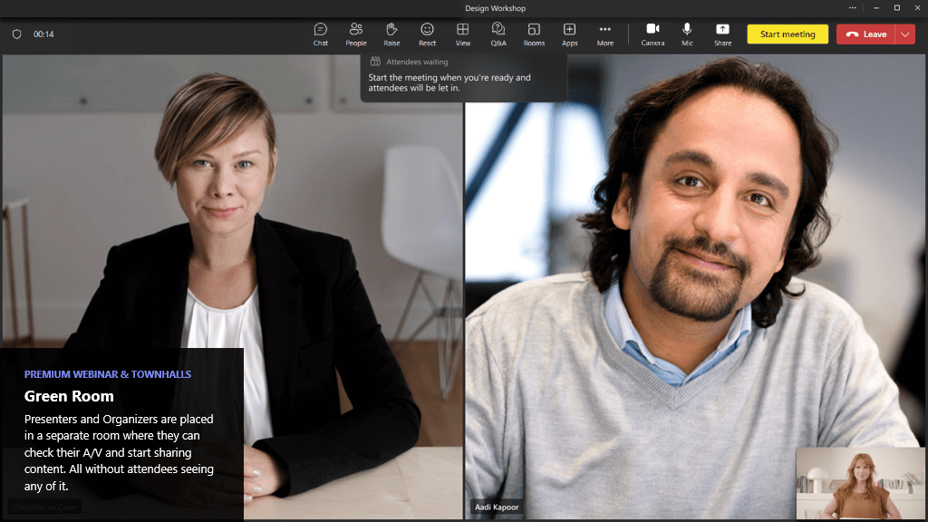 An image of a computer screen depicting what the virtual green room feature looks like.