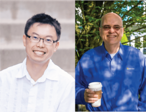 Wu and Apple pose for individual photos that have been combined into a collage.