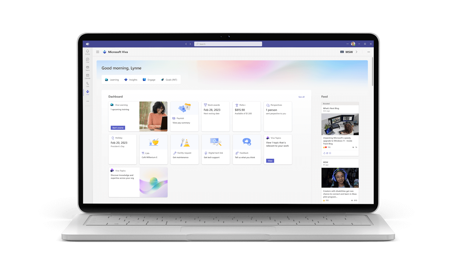 A screen shot of a Microsoft Viva Connections homepage for a non-specific Microsoft employee. The page features a banner with the company logo and navigation links to various resources and tools.