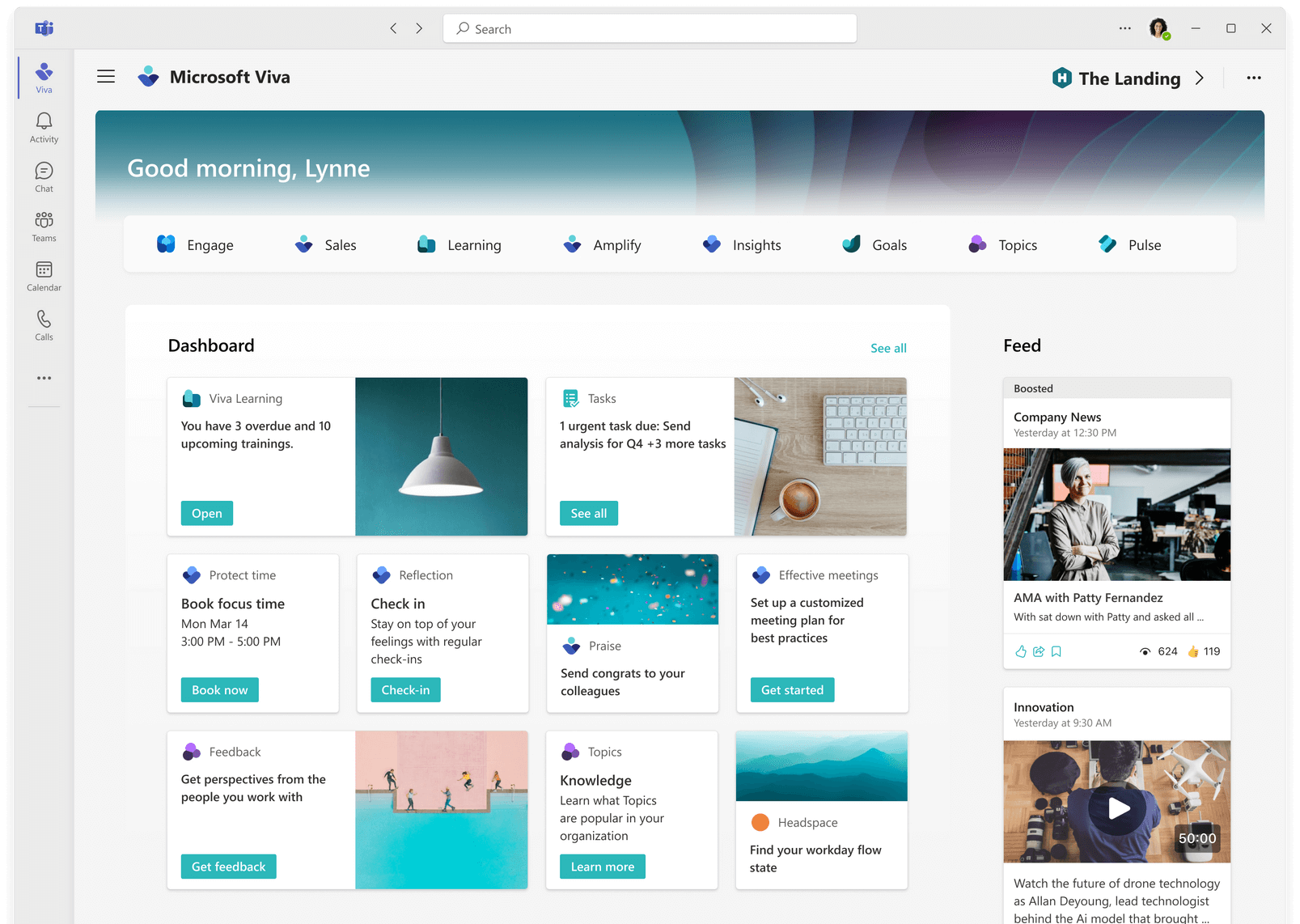A screen shot of a Microsoft Viva Connections homepage for a fictitious employee of a fictitious company. The page features a banner with the company logo and navigation links to various resources and tools.