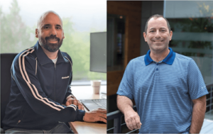 Jimenez and Scheffler smile in corporate photos that have been merged into a composite image.