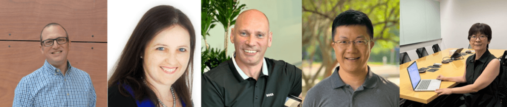 Laves, Roberts, Wooldridge, Bu, and Cheng pose for pictures that have been assembled into a collage.