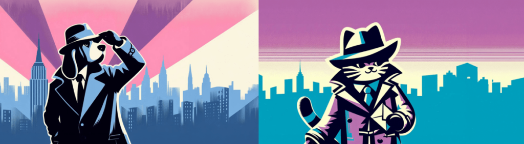 A composite image of images containing an anthropomorphic dog and cat. 